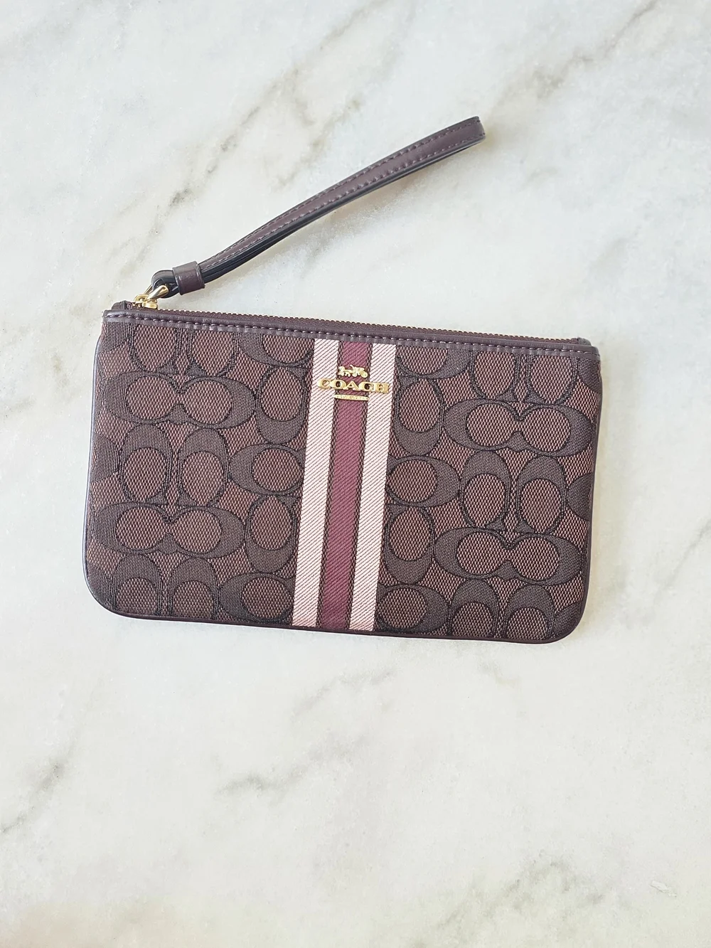 COACH Dempsey Large Corner Zip Wristlet Signature Jacquard Stripe